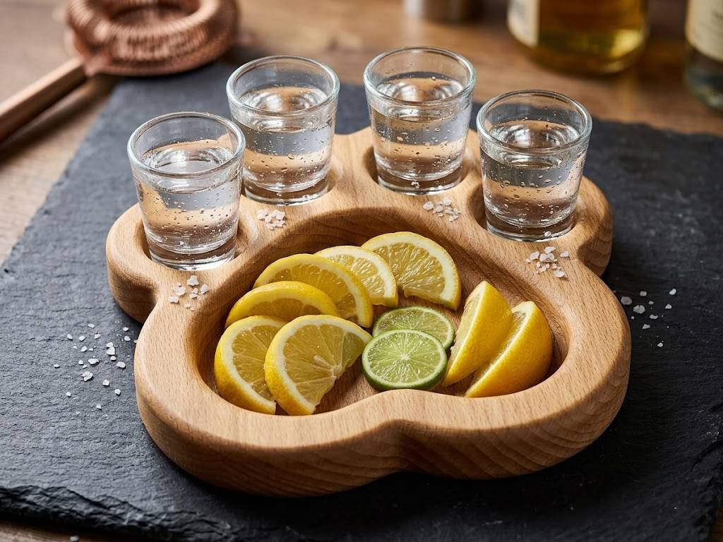 Dřevěná miska "medvědí tlapka" se 4 panáky, masivní dřevo, velikost 18 cm