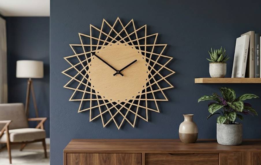Dřevěné hodiny nástěnné ve tvaru slunce, masivní dřevo, průměr 30 cm