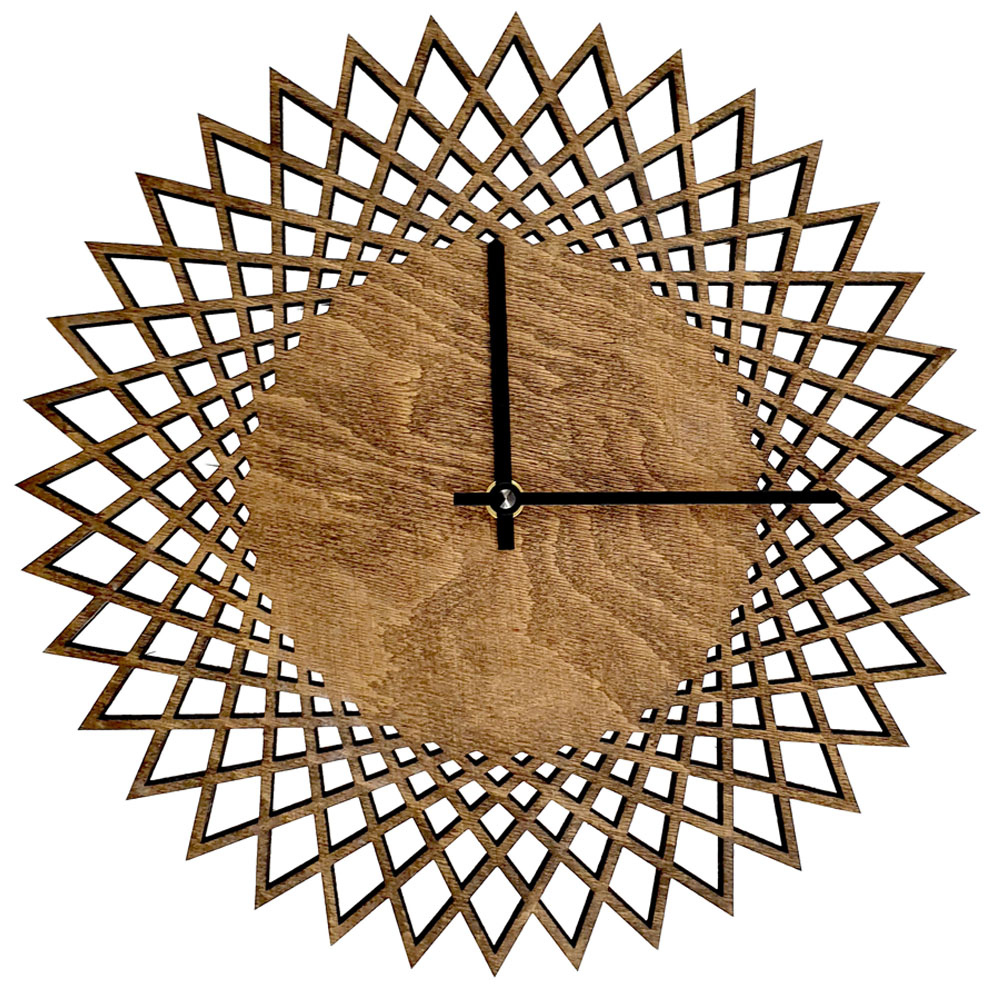Dřevěné hodiny nástěnné ve tvaru slunce tmavé, masivní dřevo, průměr 30 cm