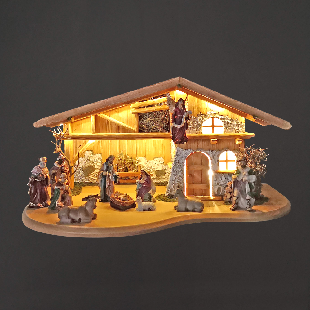 Dřevěný osvětlený betlém s figurkami 65 cm