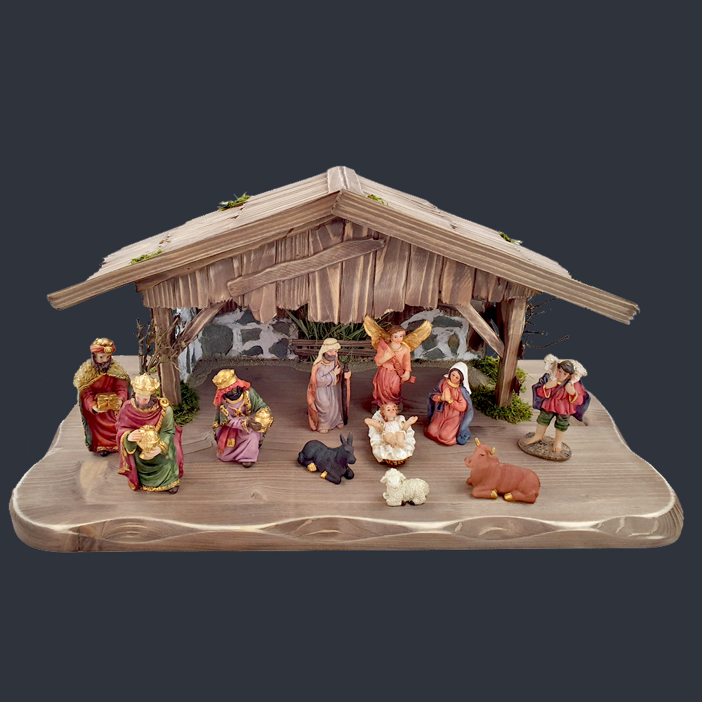 Dřevěný šedohnědý betlém s figurkami 45 cm