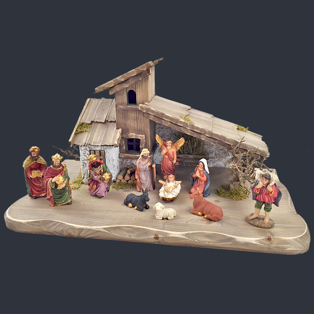 Dřevěný šedohnědý betlém s figurkami 45 cm